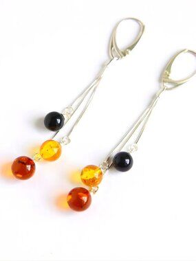 Baltic Amber Sphere Dangle Earrings in Sterling Silver